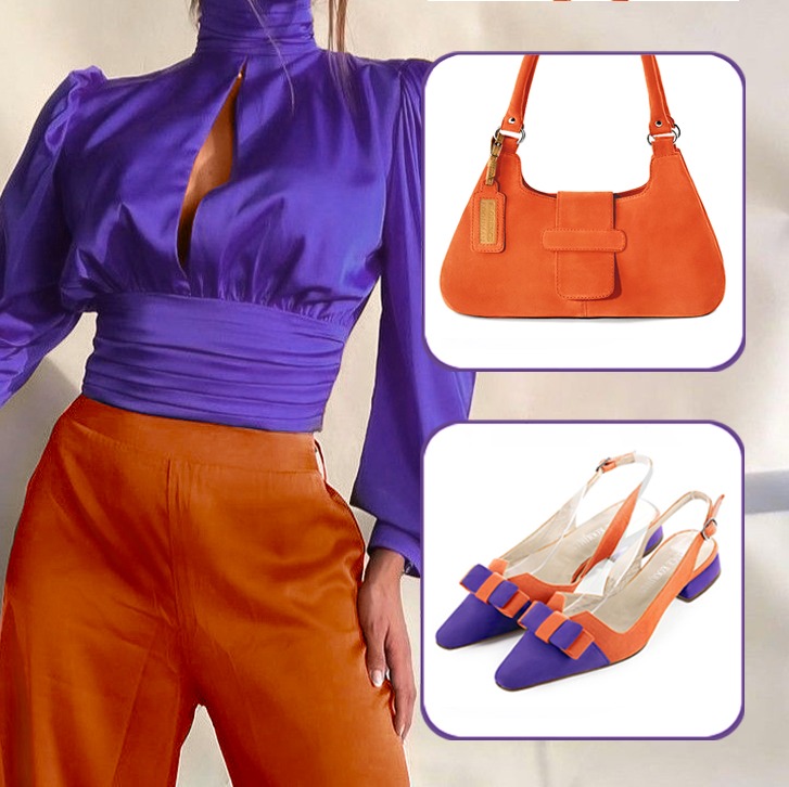 Escarpins bride arrière avec un noeud et luxueux sac à main assortis à une tenue violet outremer et orange clémentine